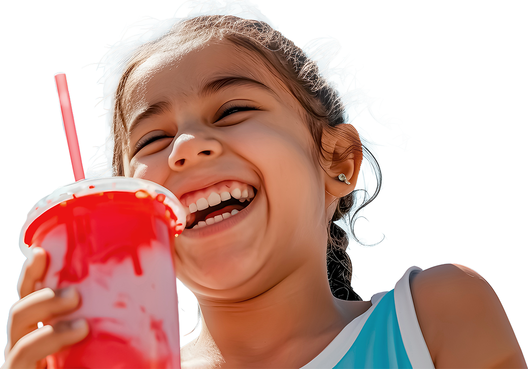 School-aged girl with fruit slushie in hand
