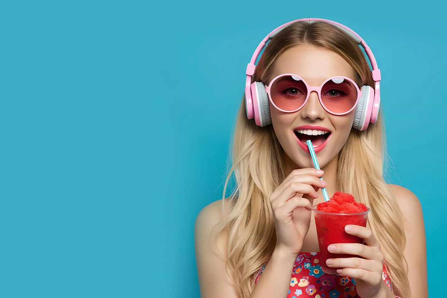 Smiling young lady with fruit slushie in hand